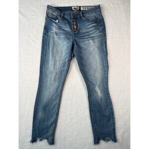 Indigo Reign Ankle Jeans Size 9 Button Fly Distressed Raw Hem Whiskered